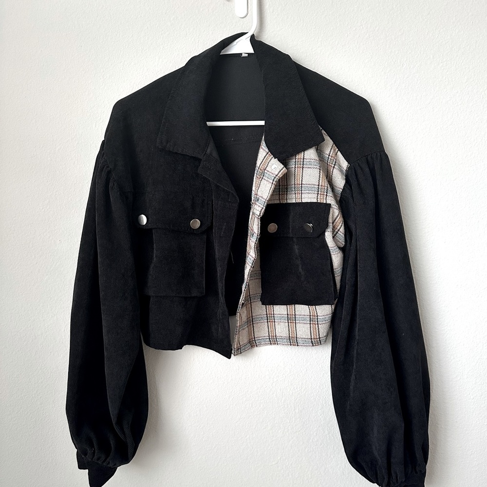 Spliced Black and Plaid Corduroy Cropped Jacket